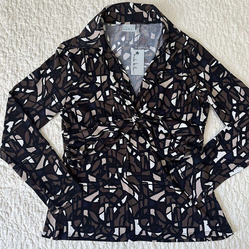 Nicole Miller Blouse Shirt Top Women's Large Geometric Long Sleeve Button-Up NWT